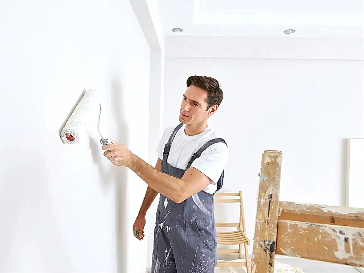 Duvarları rulo ile maviye boyayan profesyonel boya ustası