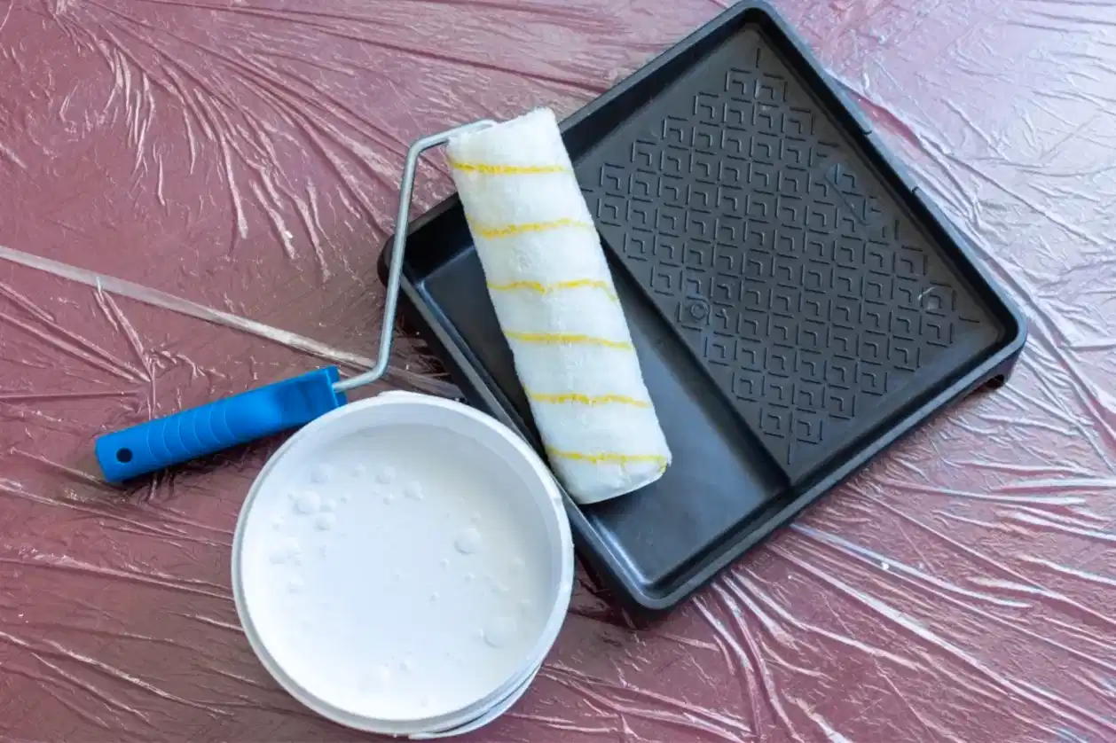 Çeşitli boya fırçaları, rulo ve renk kartelası boya hazırlığı