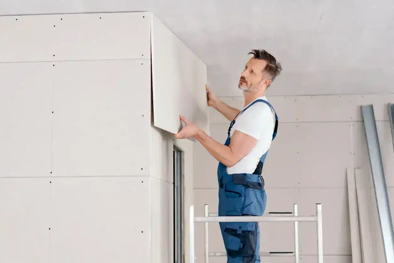 İç mekan tasarımı için metal iskelet üzerine alçıpan asma tavan ve bölme duvar montajı.