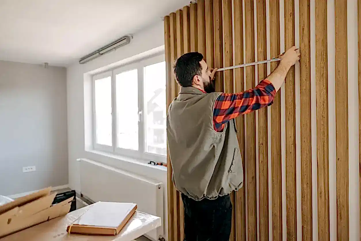 Salon dekorasyonu için ahşap duvar paneli ve dekoratif çıta uygulaması ölçüsü alan usta.