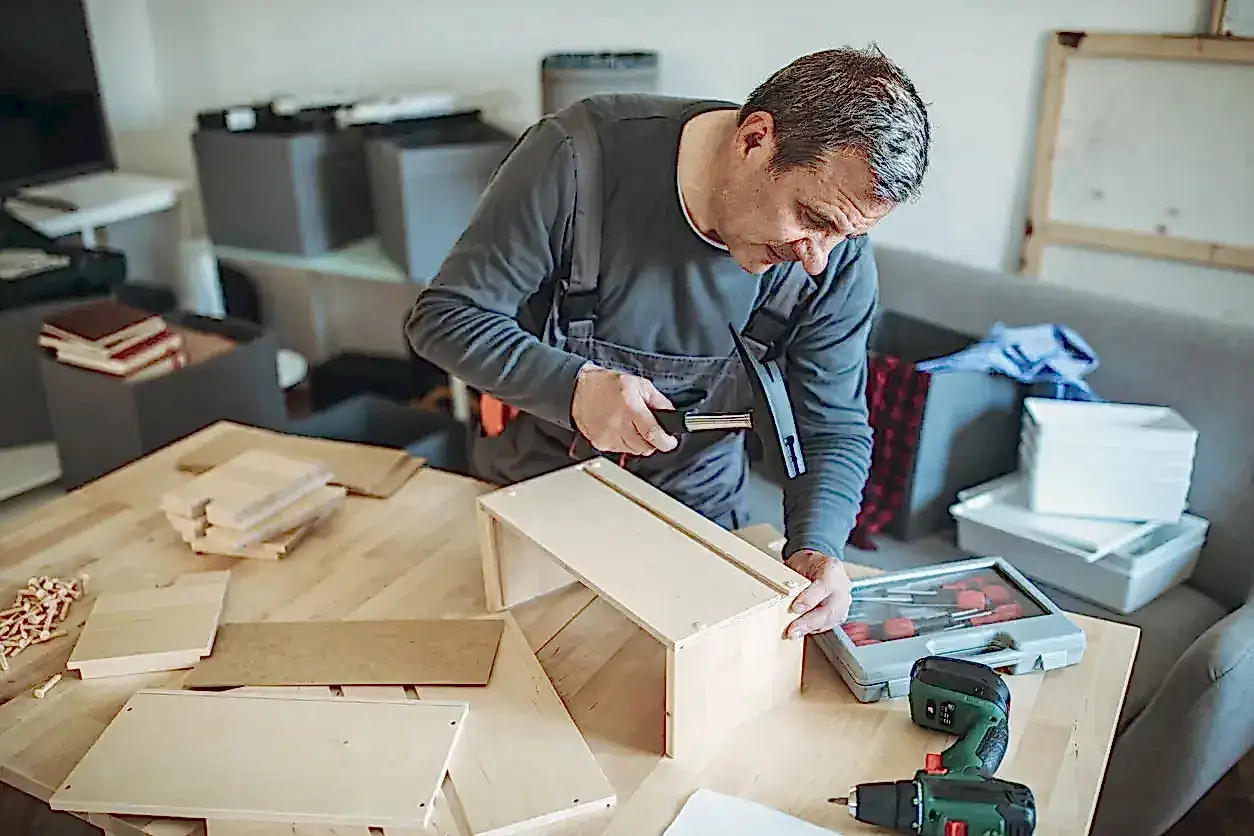 Atölye ortamında özel tasarım ahşap mobilya imalatı ve montajını gerçekleştiren marangoz.