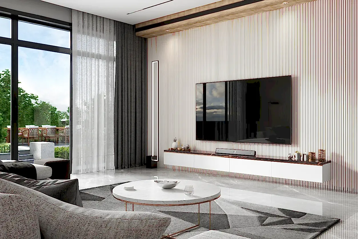 Modern minimalist salon dekorasyonu, gri koltuk ve mermer sehpa.