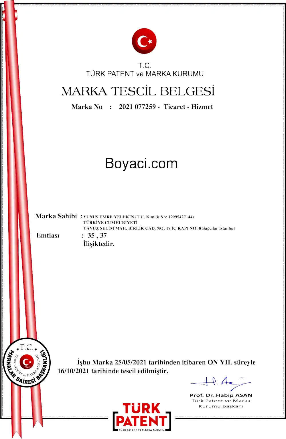 Boyacı.com Türk Patent ve Marka Kurumu Tescil Belgesi